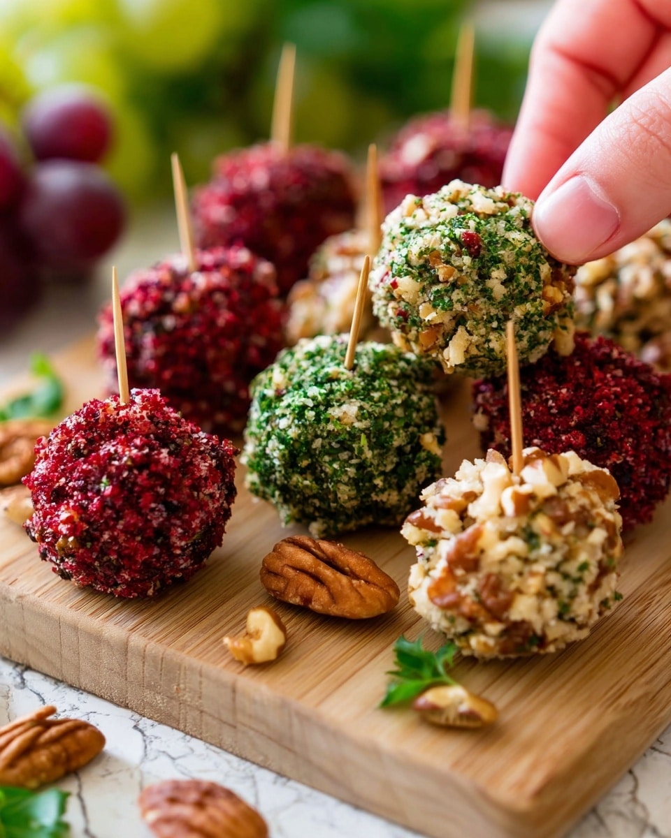The image shows small round balls, each covered with different toppings and placed close to each other on a light wooden surface with a white marbled texture in the background. There are three types of balls: one covered with green herbs giving it a fresh leafy texture, another covered with small red bits creating a rough, crumbly surface, and the third covered with chopped nuts making it look crunchy and textured. Some balls have small toothpicks stuck in them for easy picking. A woman's hand is picking up one of the balls covered with red bits. In the background, there are some scattered nuts and grapes, as well as a few green leaves adding a touch of color. The overall look is vibrant and inviting, with the colors of red, green, and light brown. photo taken with an iphone --ar 4:5 --v 7