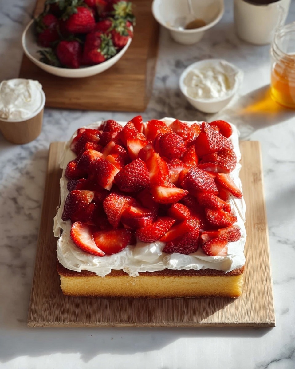 A square cake sits on a white marbled surface with one visible layer. The bottom layer is a golden-brown cake with a soft texture. On top of the cake is a thick, uneven layer of white whipped cream spread to the edges. The top layer is a mound of fresh, sliced strawberries that are bright red and juicy, covering the whipped cream almost fully. In the background, a wooden board holds a white bowl full of whole strawberries, a small white bowl with white cream or yogurt, a glass jar of golden honey, and a white mug, all placed on the white marbled surface. Photo taken with an iphone --ar 4:5 --v 7