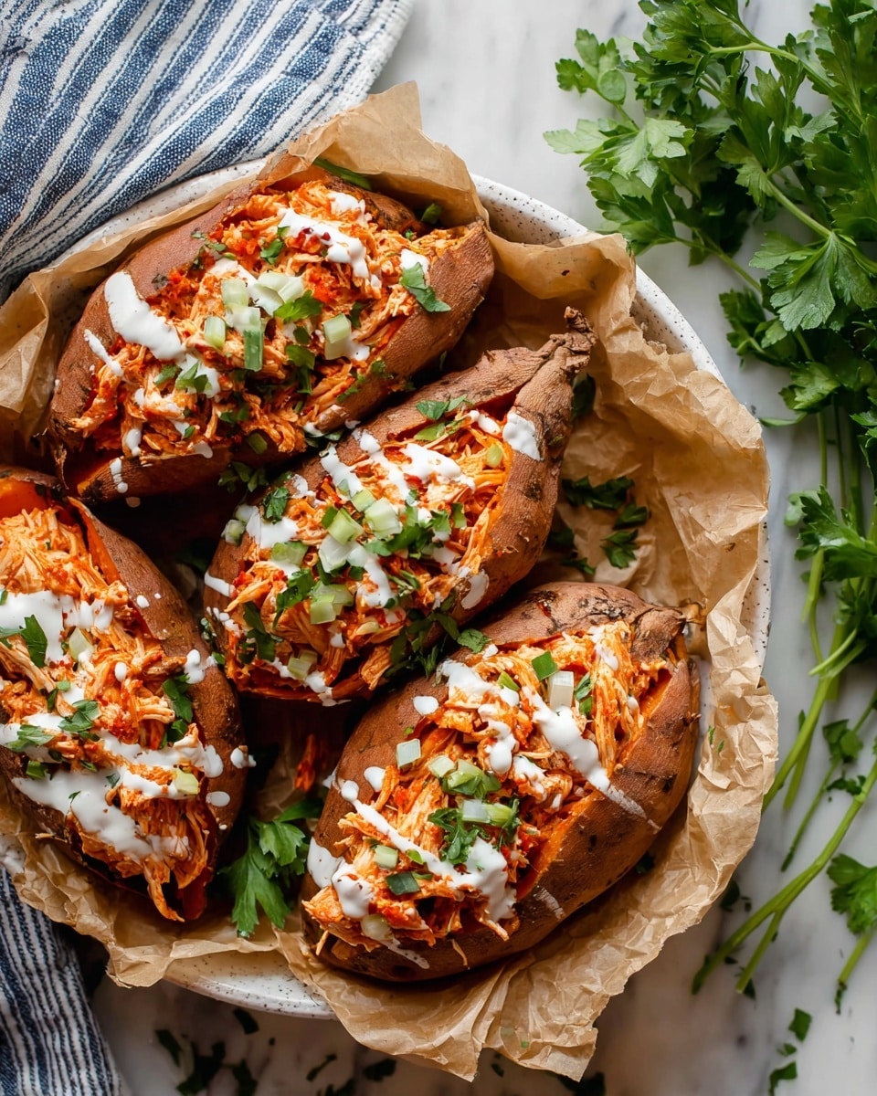 The dish shows four baked sweet potatoes split open and filled with shredded orange-colored chicken. Each potato is drizzled with white creamy sauce and light red sauce on top. Green chopped herbs and small pieces of green onion sprinkle over the chicken inside the potatoes. The potatoes are placed on crumpled brown parchment paper inside a round white bowl. Fresh green parsley leaves are on the right side, and the background is a white marbled surface with a blue and white striped cloth nearby. photo taken with an iphone --ar 4:5 --v 7