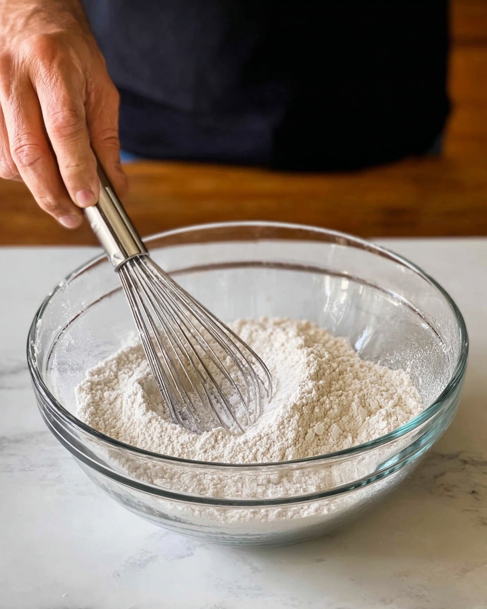 A clear glass bowl filled with a thick layer of white powdery flour is placed on a white marbled surface. A woman's hand holds a shiny metal whisk in the middle of the bowl, mixing the flour in soft circular motions. The flour inside the bowl shows slight ridges and small clumps where it is being stirred, with shadows giving a sense of depth to the texture. The scene is close up, focusing on the mixing process, with the person's dark clothing blurred in the background. photo taken with an iphone --ar 4:5 --v 7