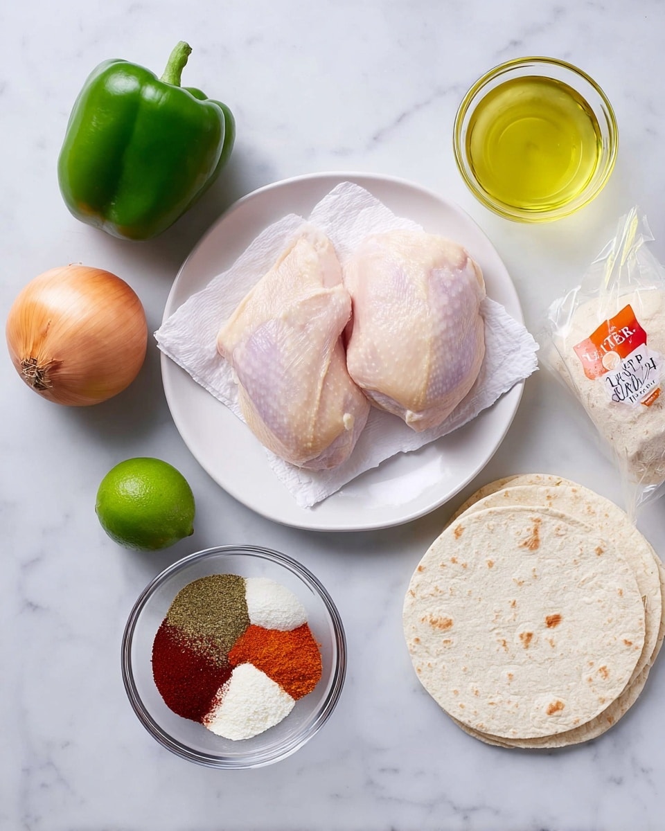 The image shows raw ingredients laid out on a white marbled surface. At the center, there is a white plate with two raw pale pink chicken pieces on top of white paper. To the left, a whole green bell pepper and a light brown onion are placed on the surface, above a whole green lime. Below the chicken plate, there is a small clear glass bowl containing a mix of colorful spices including red, brown, and white powders arranged in separate sections. Next to the spices on the right, a clear glass bowl holds a pale yellow liquid, likely oil. On the right side, there is a clear plastic bag with white flour tortillas stacked inside, labeled in red and orange text. Photo taken with an iphone --ar 4:5 --v 7