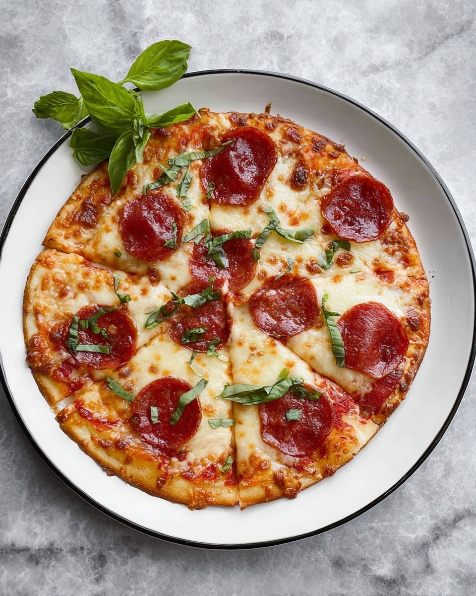 A thin round pizza with a light golden crust on a white plate with a thin black rim, placed on a white marbled surface. The pizza is cut into eight slices, each topped with melted white cheese and deep red pepperoni slices, some with a bit of browning and grease. Scattered small pieces of fresh green basil leaves are spread evenly over the top, adding a fresh color contrast. A sprig of basil with green leaves is placed above the plate. Photo taken with an iphone --ar 4:5 --v 7