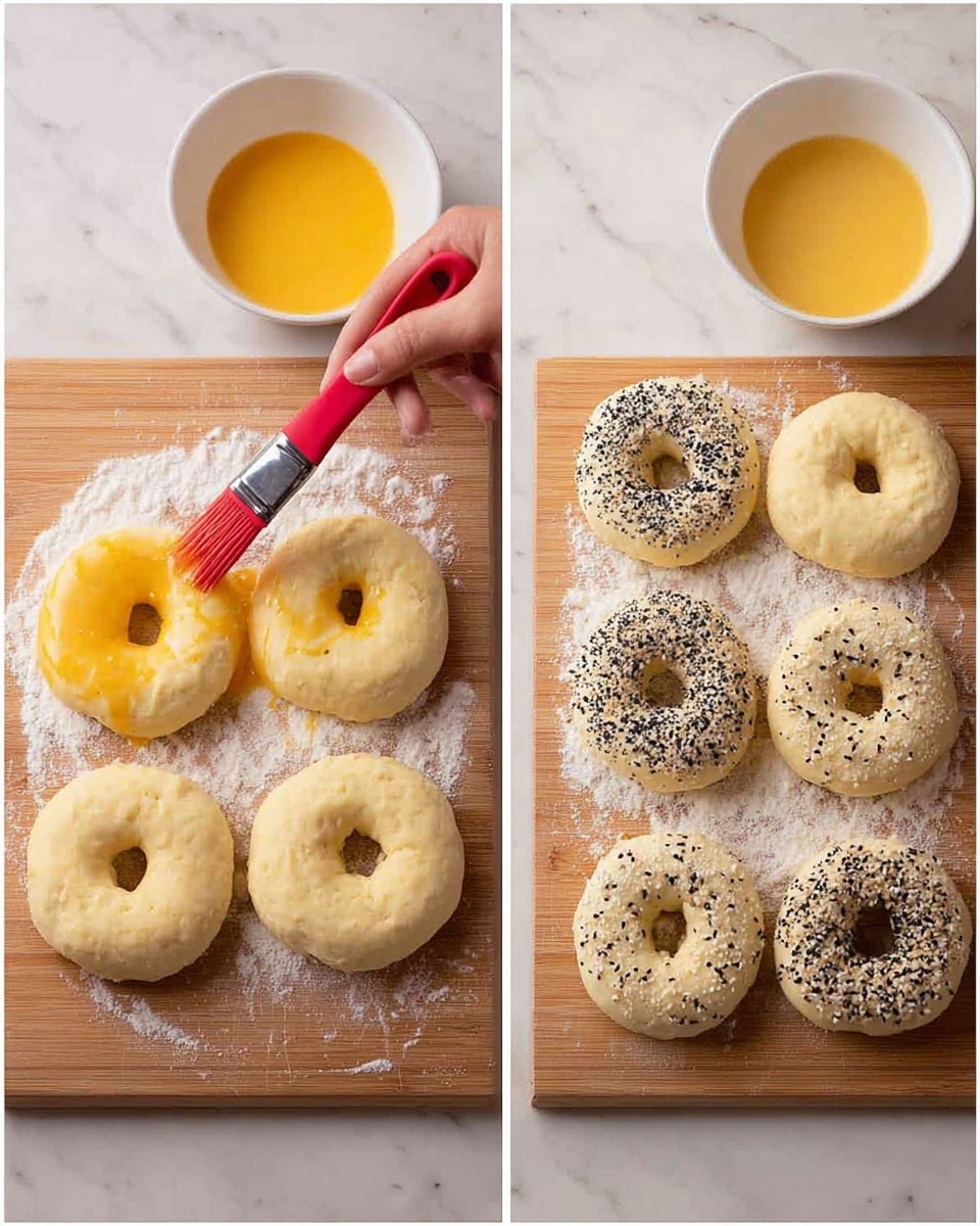 The image shows two side-by-side photos of four dough rings placed on a floured wooden board with a white bowl of yellow egg wash above them. On the left side, a woman's hand holds a red brush spreading the egg wash on the bottom left dough ring; the dough rings are pale yellow and smooth with a hole in the center. On the right side, the top two dough rings and the bottom right dough ring are sprinkled with black and white seeds, while the bottom left ring remains plain; a woman's hand is seen sprinkling seeds on the dough. The white bowl of yellow egg wash is still above the dough rings. The background is a white marbled texture. photo taken with an iphone --ar 4:5 --v 7