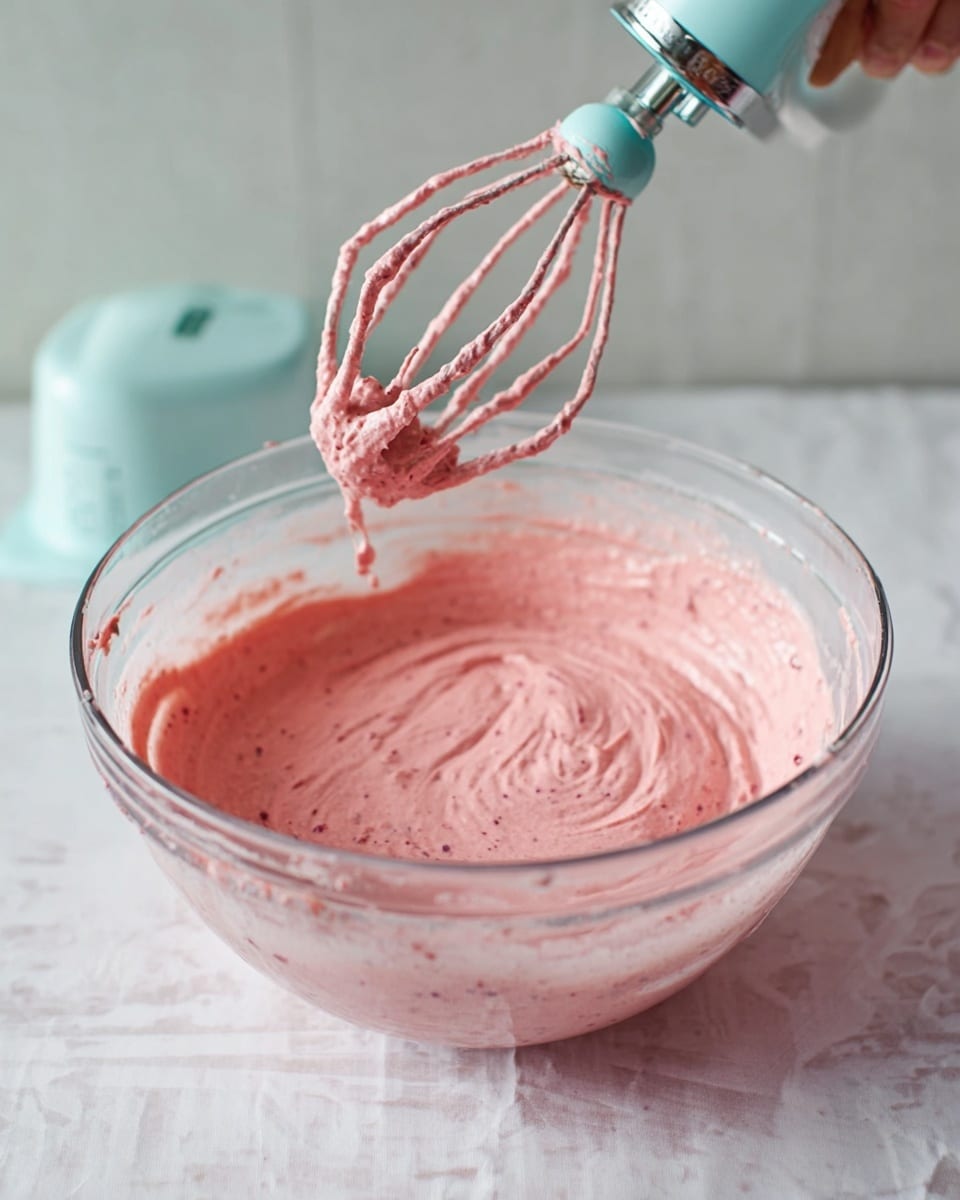 A clear glass bowl filled with a thick, smooth pink batter with small darker specks is shown on a white marbled surface. Above the bowl, a mixer beater covered in the same pink batter is raised with batter dripping off it, held by a woman's hand. The mixer standing to the side is light blue. The batter inside the bowl shows swirled texture on the surface and splashes sticking around the bowl edges. Photo taken with an iphone --ar 4:5 --v 7