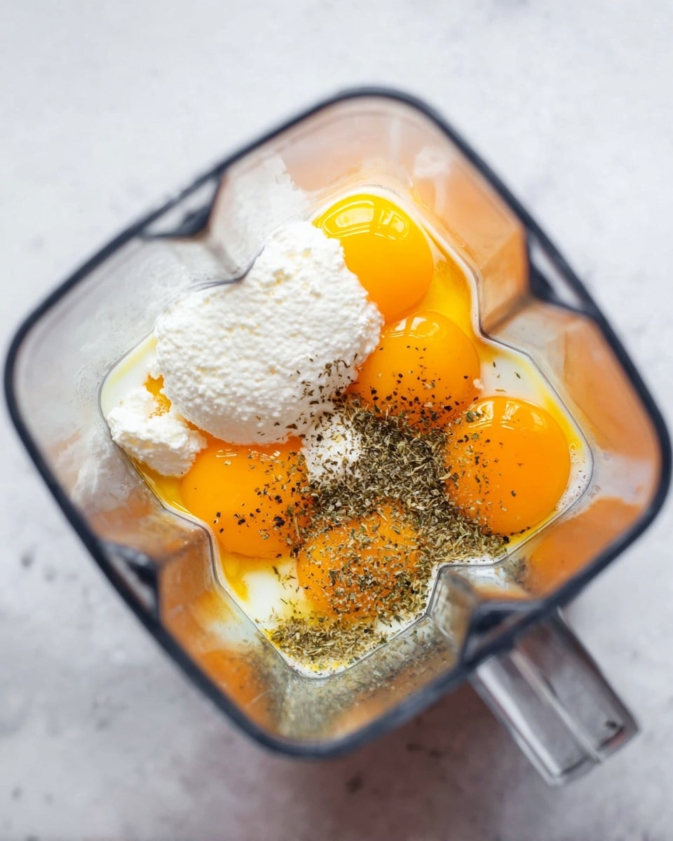 The image shows a close-up top view inside a blender container with four bright orange egg yolks submerged in clear egg whites forming the base layer. On top of the eggs, there is a dollop of white creamy cottage cheese slightly piled to one side. Sprinkled over the eggs and cheese are small piles of black pepper and dried green herbs, adding texture and contrast. The blender container is transparent with visible metal blades at the bottom corners, placed on a white marbled surface. photo taken with an iphone --ar 4:5 --v 7