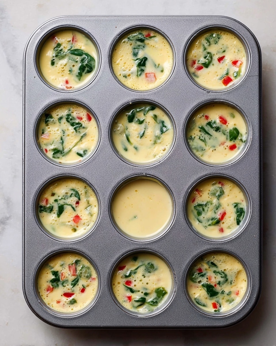 A gray metal muffin tray filled with nine round cups of uncooked egg mixture, each cup showing a light yellow creamy base with small pieces of green leafy spinach and bits of red bell pepper dispersed evenly throughout. The tray sits on a white marbled surface. The egg mixture looks smooth and slightly bubbly, filling each cup almost to the top with visible layers of colorful vegetables inside photo taken with an iphone --ar 4:5 --v 7