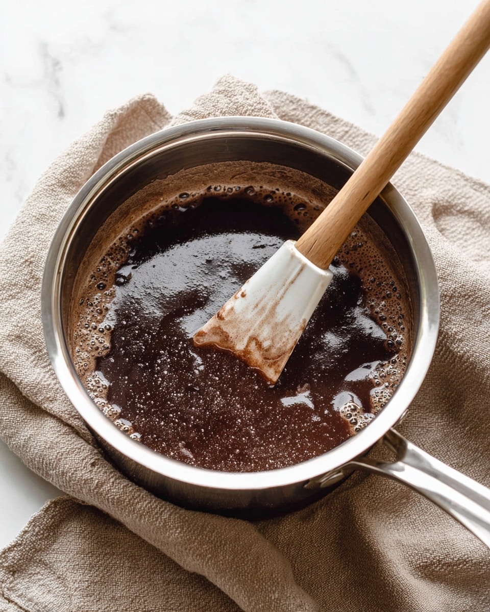 A shiny silver pot filled with a dark brown liquid mixture that looks thick and slightly bubbly, with a white and wood spatula resting inside, coated in the same mixture. The pot sits on a beige cloth, and the overall setting has a clean white marbled surface. Photo taken with an iphone --ar 4:5 --v 7