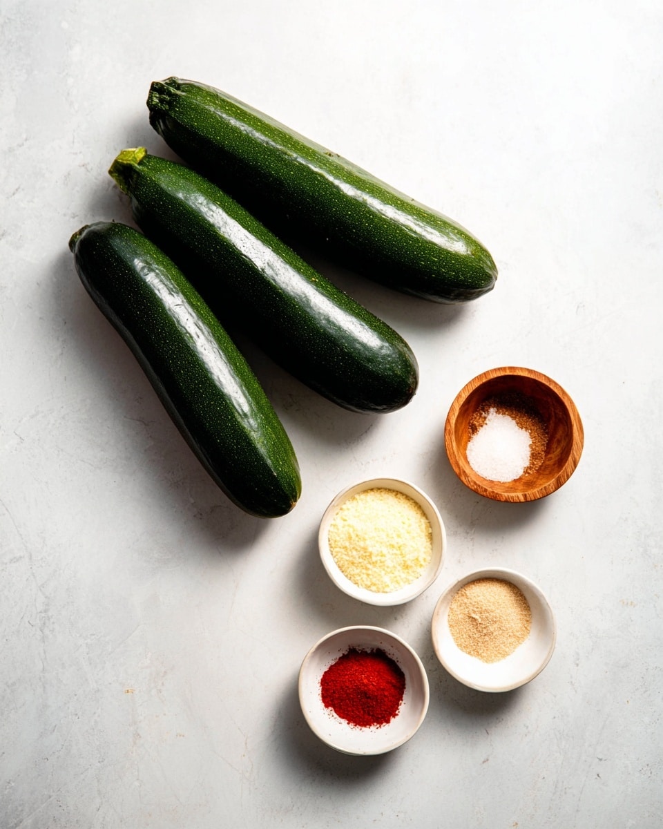 Three whole zucchinis with glossy dark green skin are placed diagonally near the top left on a white marbled texture. At the lower right, there are four small white bowls arranged loosely, each holding a different powdery ingredient: pale yellow cheese, coarse white salt in a wooden bowl, bright red paprika, and light brown garlic powder. The image is neat and bright, showing fresh and simple cooking ingredients. Photo taken with an iphone --ar 4:5 --v 7