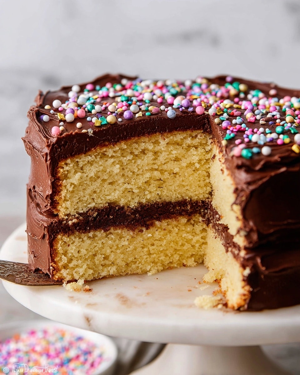 A two-layer yellow cake sits on a white marbled cake stand with a slice taken out. The bottom and top cake layers are light yellow with a soft, crumbly texture. In between the layers is a thick, dark brown chocolate frosting. The whole cake is covered with the same dark chocolate frosting, which is smooth but spread with visible soft peaks. On top of the frosting, there are round, colorful sprinkles scattered, in shades of pink, purple, white, yellow, green, and red. The background is simple with a white marbled texture. Photo taken with an iphone --ar 4:5 --v 7