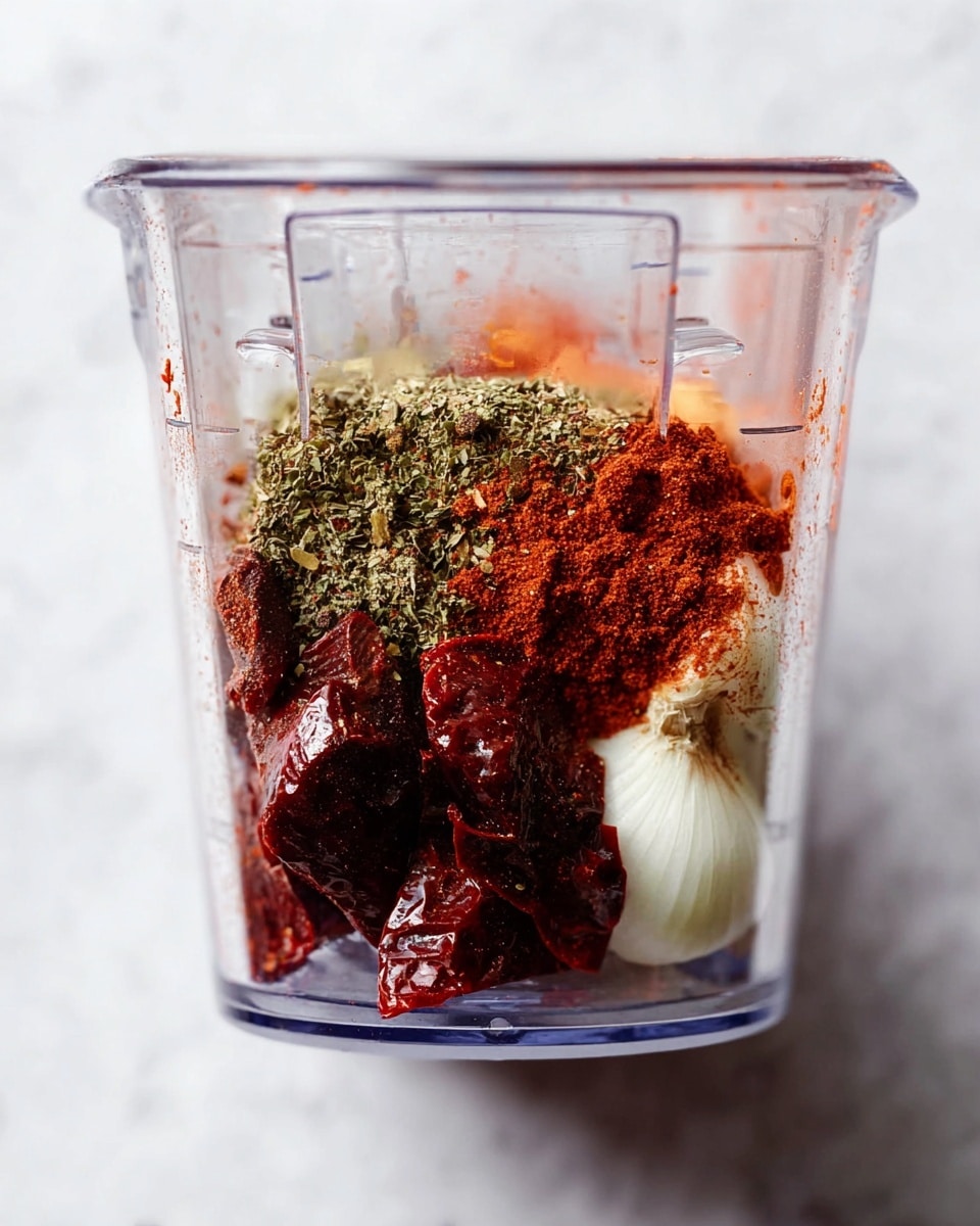 Inside a clear blender jar, there are layers of various spices and ingredients. At the bottom, there are dark red, soft pieces that look like dried peppers. Above this, there are small piles of dried green herbs and bright reddish-orange powdered spices, both with a rough texture. To the right side, there is a small white piece of shallot with a smooth, shiny surface. The layers are all contained within the transparent jar against a white marbled background. photo taken with an iphone --ar 4:5 --v 7