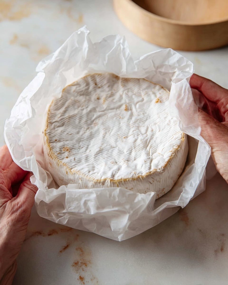 A round white cheese wheel with a soft, slightly wrinkled rind is partly wrapped in crumpled white parchment paper. The cheese has light brown spots on its surface and edges, showing a natural aging texture. Two woman's hands gently hold the parchment paper, lifting it away from the cheese. The background is a white marbled texture with a circular wooden cheese container lid visible in the back. Photo taken with an iphone --ar 4:5 --v 7