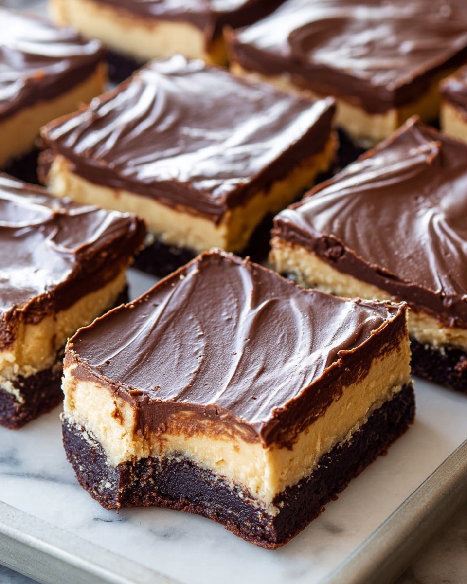 The image shows several square-shaped dessert bars arranged closely on a white tray placed on a white marbled surface. Each bar has three visible layers: the bottom is a dark brown, dense chocolate base, the middle layer is a thick, light beige creamy filling that looks smooth and soft, and the top layer is a thick, shiny, and slightly cracked dark chocolate frosting with a smooth texture. The bars are evenly cut, and one bar in the front has a small bite taken from one corner, showing the creamy middle layer clearly. The chocolate frosting has subtle swirls and slight cracks, giving a homemade look. Photo taken with an iphone --ar 4:5 --v 7