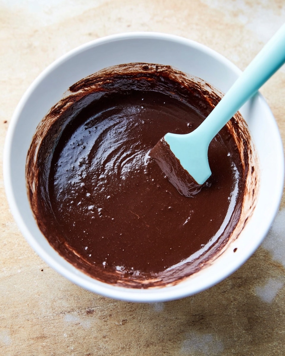 A white bowl filled with smooth, dark brown chocolate batter, showing a shiny and thick texture. A light blue spatula is partly dipped in the batter, resting on the right side of the bowl with some batter on it. The inside edges of the bowl have small splashes and smears of the chocolate batter. The bowl is placed on a wooden surface but should be imagined on a white marbled texture. photo taken with an iphone --ar 4:5 --v 7
