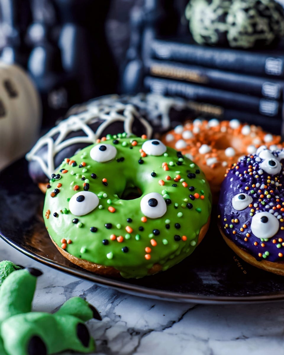 A donut with bright green icing is covered by many small round sprinkles in orange, black, green, and white colors and has several large white candy eyes with black pupils scattered on top; behind it, there are donuts decorated with white spiderweb icing on dark chocolate, a deep purple donut covered with small orange pumpkins and white sprinkles, and a donut with white icing and small round white and black candy eyes. The donuts sit on a dark plate, placed on a white marbled surface, with blurry tall black decorations resembling books and a pair of green monster feet in the background. Photo taken with an iphone --ar 4:5 --v 7