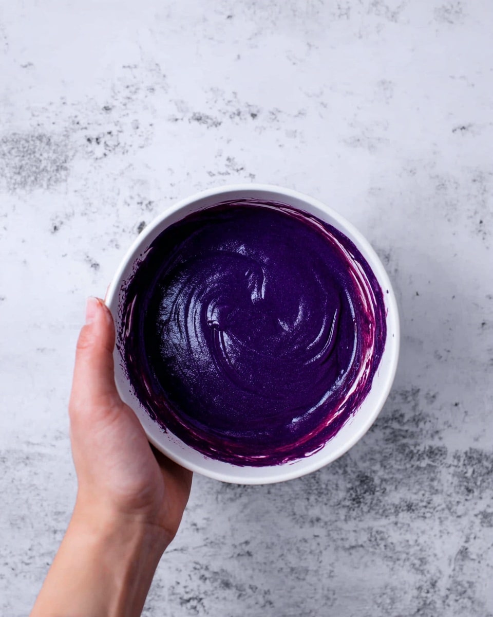A white bowl held by a woman's hand contains a single thick layer of deep, rich purple batter or sauce. The purple mixture has a smooth and glossy texture, slightly clinging to the sides of the bowl, showing some swirled patterns. The background is a white marbled texture that contrasts with the bold purple color inside the bowl. Photo taken with an iphone --ar 4:5 --v 7