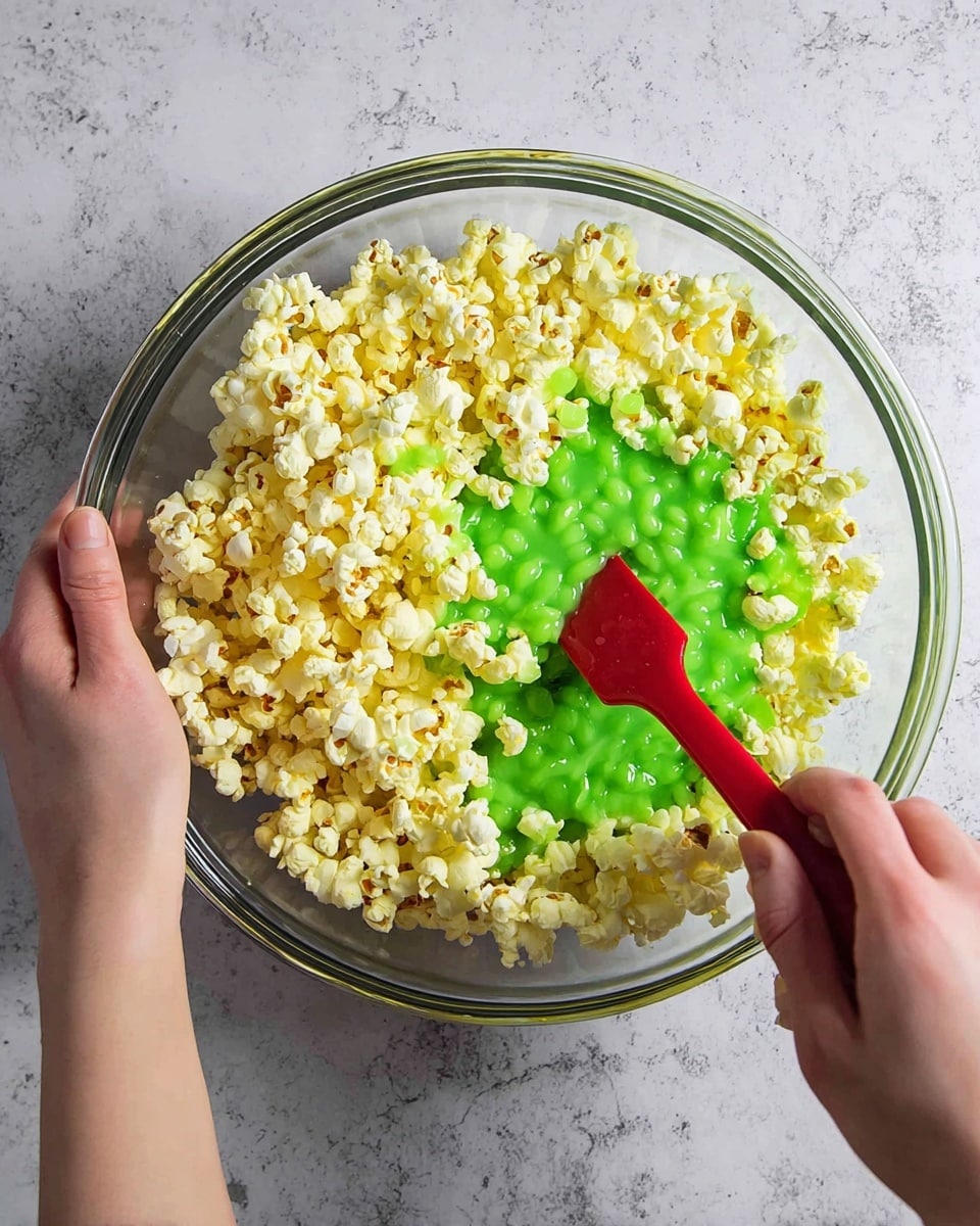 A clear glass bowl filled with light yellow popcorn forming the outer layer, surrounding a bright green melted candy or syrup layer in the center. One woman's hand holds the bowl steady on the right side, while another woman's hand stirs the mixture with a small red spatula on the left. The bowl is placed on a white marbled texture surface. photo taken with an iphone --ar 4:5 --v 7