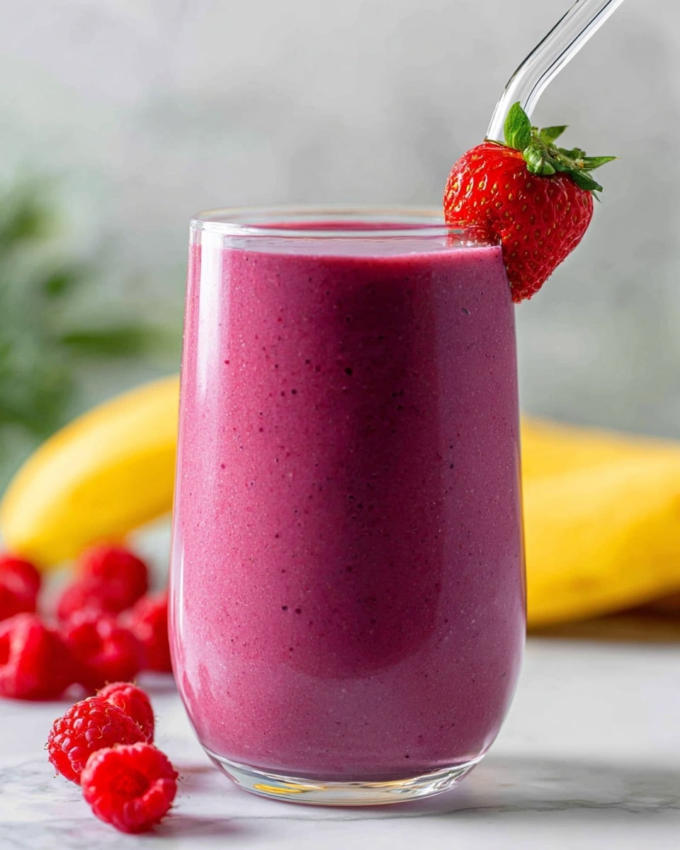 A close-up of a tall clear glass filled with a thick purple-pink smoothie. The smoothie has a smooth but slightly textured surface. A bright red strawberry with green leaves is placed on the rim of the glass. A clear glass straw is placed inside the smoothie, angled to the right. The glass sits on a white marbled surface with blurred yellow bananas and red raspberries in the background. A few raspberries are also scattered on the surface near the glass. Photo taken with an iphone --ar 4:5 --v 7