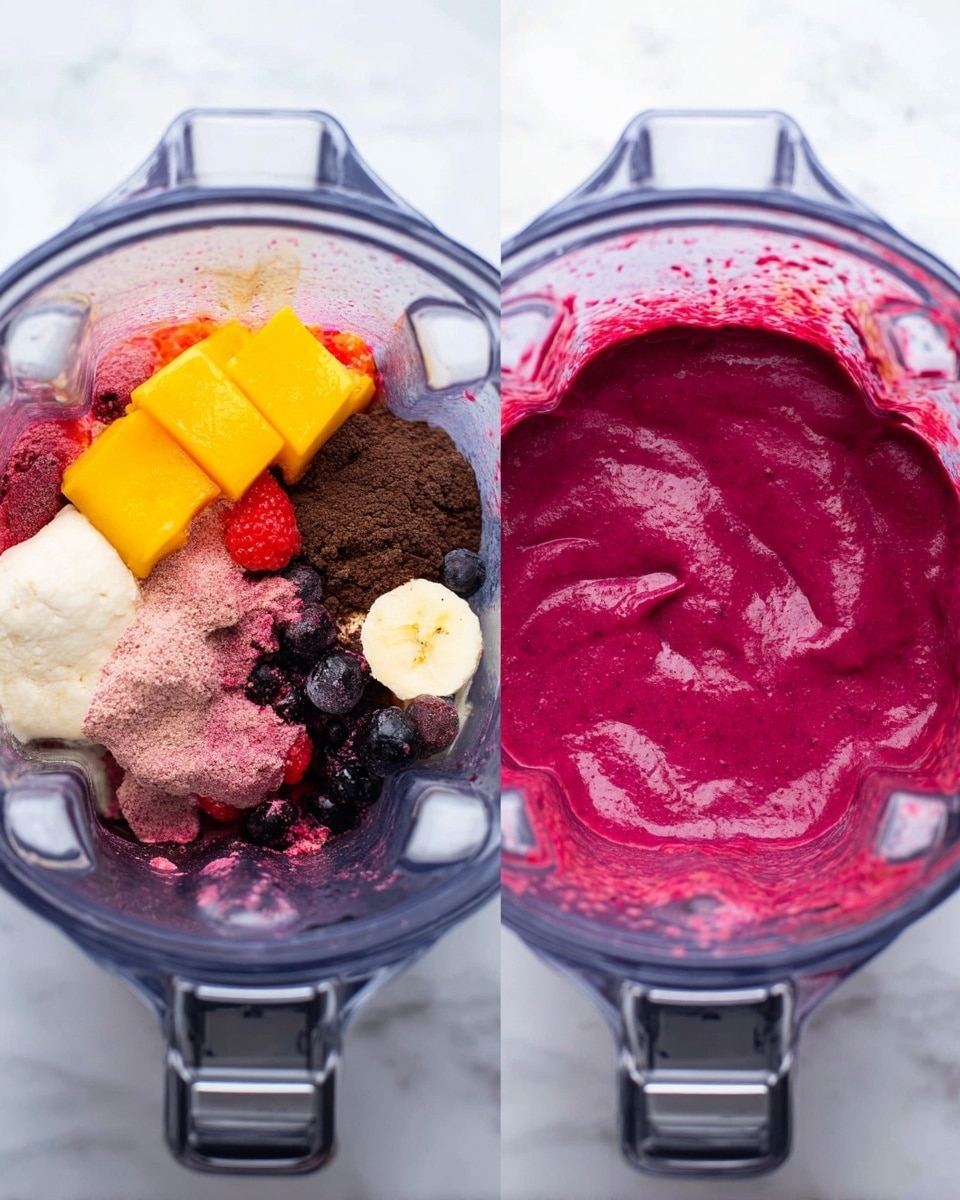 The image shows two views inside a blender. The left side has many colorful ingredients layered and arranged for a smoothie. The bottom layer is a deep red and purple mix of frozen berries, topped with a chunky yellow-orange piece of mango, white creamy yogurt, a light yellow slice of banana, dark brown powder, and more small dark berries. On the right side, the same blender shows the ingredients after blending into a smooth, thick, and bright magenta-purple smoothie with a shiny surface. The blender is clear, placed on a white marbled texture. photo taken with an iphone --ar 4:5 --v 7