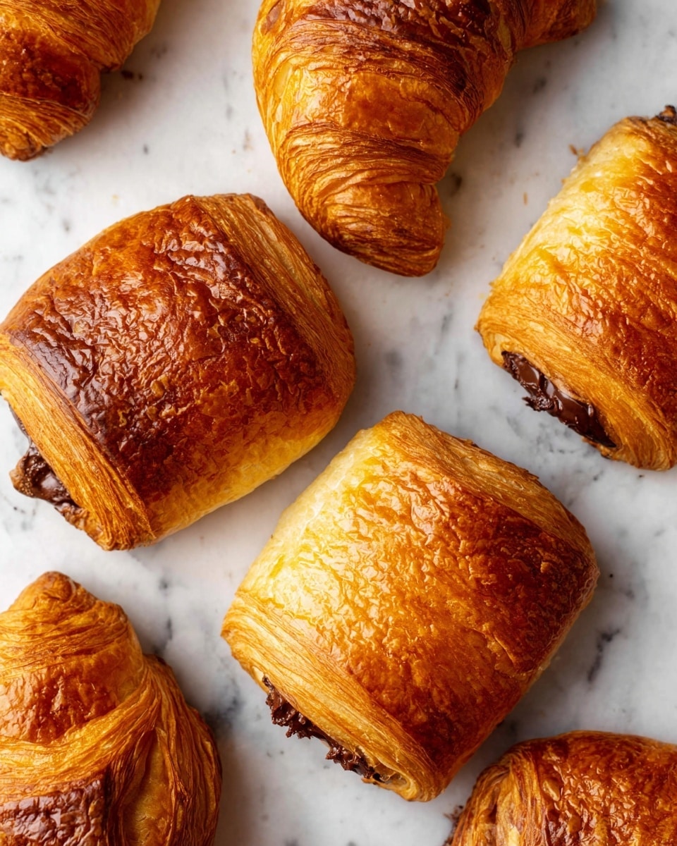 The image shows several chocolate croissants placed on a white marbled surface. Each croissant has a golden brown crust with a shiny, slightly flaky texture and clear, thin layers visible around the edges. The croissants are rectangular with rounded edges, and the chocolate filling peeks out slightly from two ends of each pastry. The baked croissants have a slightly darker, caramelized top with some patterns and cracks, showing layers of dough wrapped around the chocolate center. photo taken with an iphone --ar 4:5 --v 7