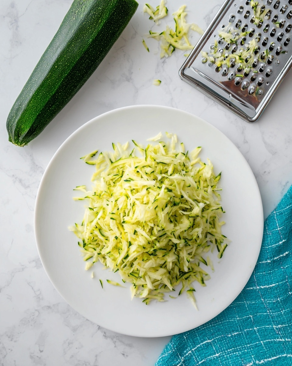 A white plate sits on a white marbled surface, filled with one layer of finely grated zucchini showing green skin mixed with pale yellow flesh. To the top right of the plate is a silver box grater with bits of zucchini stuck in its holes, and to the top left is the remaining half of the ungrated zucchini, dark green with a freshly grated pale cut edge. At the bottom right corner, a turquoise cloth with a white grid pattern is partly visible. Photo taken with an iphone --ar 4:5 --v 7