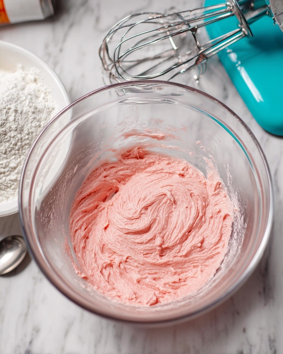 A clear glass mixing bowl with a smooth pink batter inside that has a creamy texture with slight streaks and small bits throughout, showing it is partially mixed; the bowl rests on a white marbled surface, and to the side, a turquoise electric hand mixer with shiny metal beaters is visible, along with a white plate that holds some powdered white flour and a silver spoon. Photo taken with an iphone --ar 4:5 --v 7