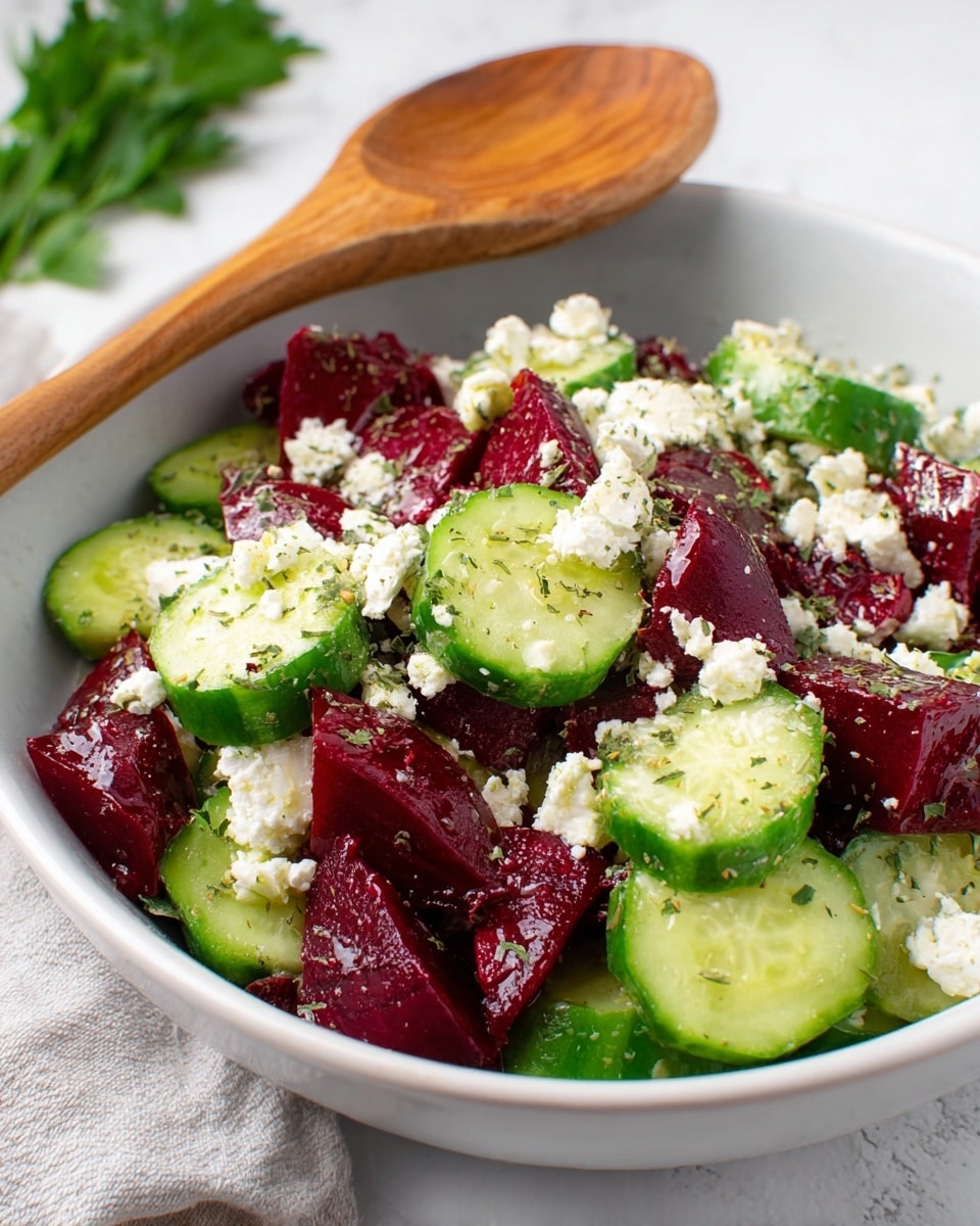 A white bowl filled with a colorful salad showing three main layers: the bottom layer is bright green cucumber pieces with a firm, shiny texture, the middle layer has dark red beet chunks that look soft and juicy, and the top layer is sprinkled with small white crumbly cheese pieces and a light dusting of dried herbs. A silver spoon is placed inside the bowl on the right side, resting among the salad. The bowl sits on a white marbled surface with some fresh green herbs scattered around. Photo taken with an iphone --ar 4:5 --v 7