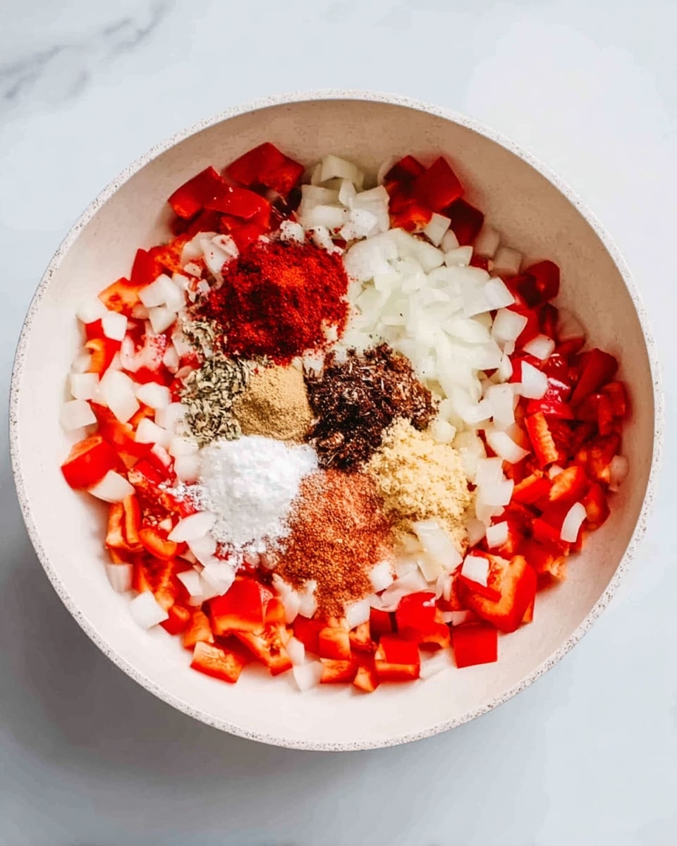 A white bowl sits on a white marbled surface holding layers of ingredients. The bottom layer is diced red bell peppers spread evenly around the bowl. There is a layer of white chopped onions mixed with the bell peppers. On top of the vegetables, several small piles of powders and spices are arranged in the center, including a deep red powder, a dark brown paste, a light brown powder, and a white powder all side by side. The colors and textures stand out against the fresh vegetables below. Photo taken with an iphone --ar 4:5 --v 7