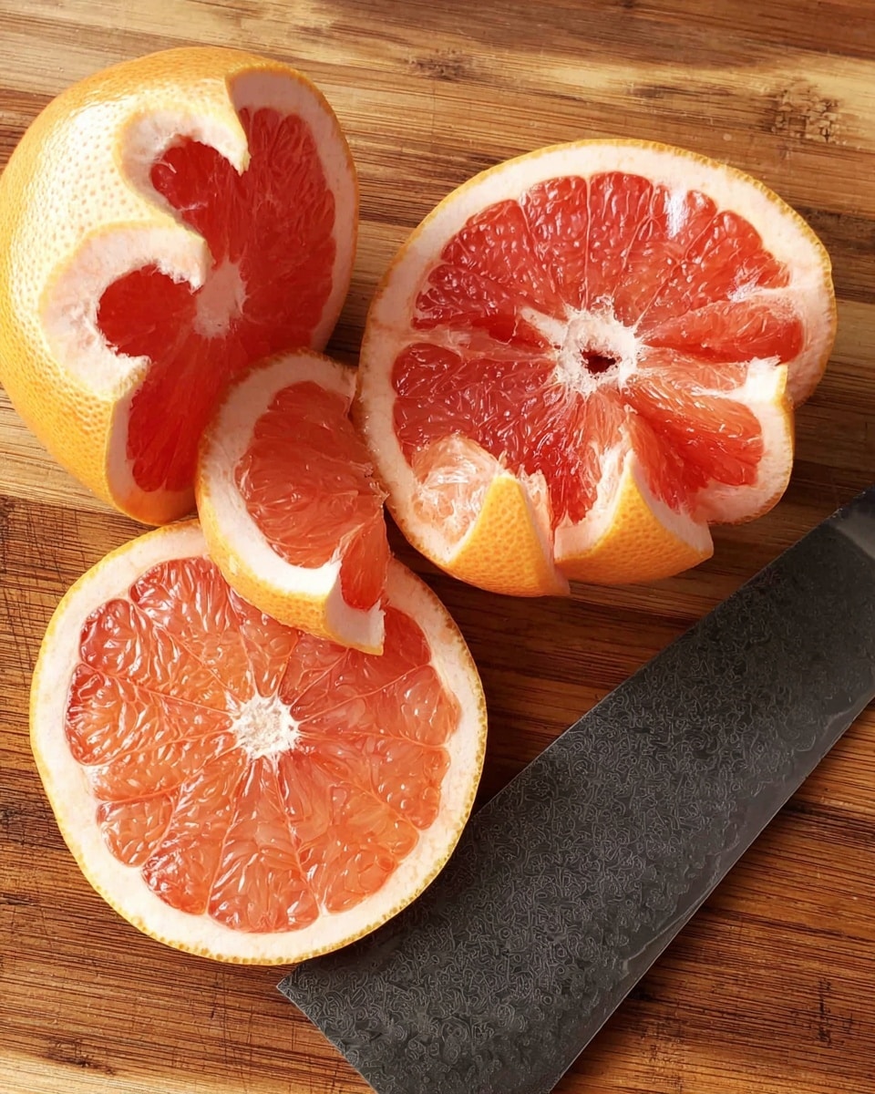 A single grapefruit partially peeled with light orange skin curling away in thick strips to reveal deep red, juicy fruit segments in the center, all sitting on a wooden cutting board. Nearby, two round slices of grapefruit with pinkish pulp and light yellow rind rest flat. A large, dark knife with a textured blade lies diagonally beneath the fruit and peel, contrasting with the warm wood background. photo taken with an iphone --ar 4:5 --v 7