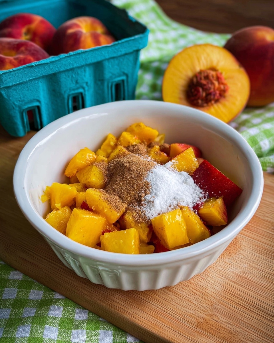 A white round bowl filled with chopped yellow and red peach pieces. On top of the peach chunks, there are two piles of powder spices, one white and one brown, slightly mixed at the center. The bowl sits on a wooden board, and the background shows a green and white checkered cloth with a whole peach and a blue carton holding peaches around it. photo taken with an iphone --ar 4:5 --v 7