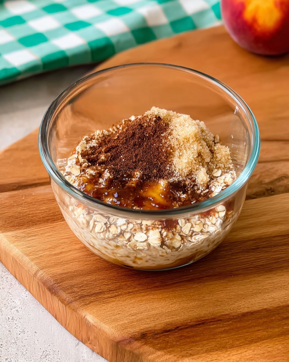 A clear glass bowl sits on a wooden board with a green and white checkered cloth in the background and a red peach on the side. Inside the bowl, there are layers of light beige oats forming the base, topped with a mound of light brown sugar on one side. Spread over and around the sugar, there is a dusting of dark brown cinnamon powder. Near the edge of the bowl, a shiny amber-colored sticky layer of syrup or honey pools slightly, soaking into the oats. The textures show a mix of grainy oats, soft sugar, and smooth syrup. Photo taken with an iphone --ar 4:5 --v 7