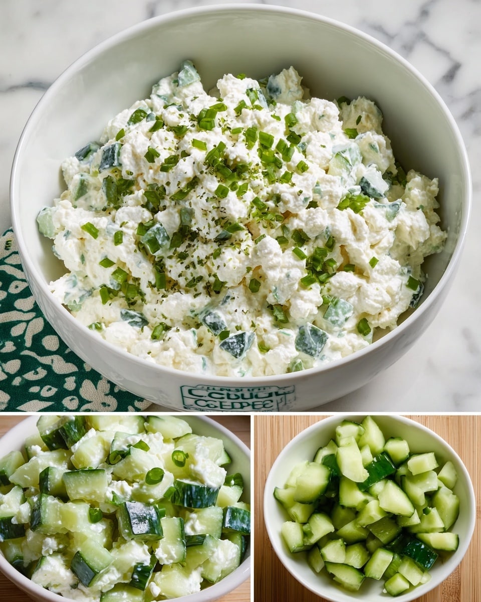 A white bowl holds a fresh cottage cheese salad that has three main layers mixed together: white cottage cheese with small curds, green chopped cucumber pieces cut into small cubes with dark green skins, and sprinkled green herbs and chopped green onions spread evenly on top, adding a bit of texture and color. The mixture looks creamy with visible small lumps of cheese and moist cucumber, all softly blending. The bowl rests on a white marbled surface with a green and white patterned napkin partially under it. photo taken with an iphone --ar 4:5 --v 7