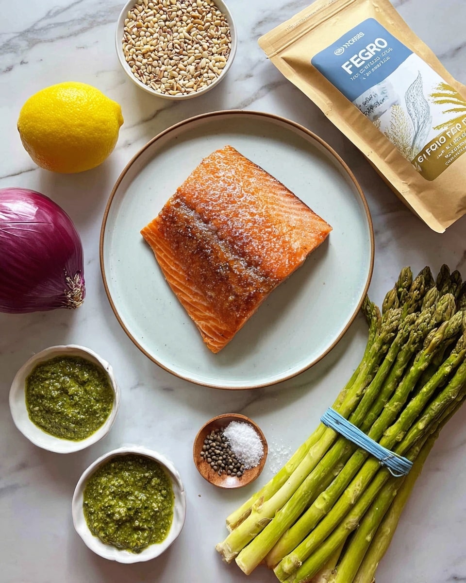 A cooked salmon fillet with a shiny, golden-brown top layer sits centered on a white plate with a slight rim. Around the plate on the white marbled surface are small white bowls holding green pesto sauce with a rough texture, pine nuts, and salt and black pepper. Nearby there is a lemon with a bright yellow color, a large purple onion with visible layers, a packet of Pereg Farro grains in a white and gold bag, and a bunch of fresh green asparagus tied with a blue rubber band. The overall scene is brightly lit and neatly arranged. photo taken with an iphone --ar 4:5 --v 7