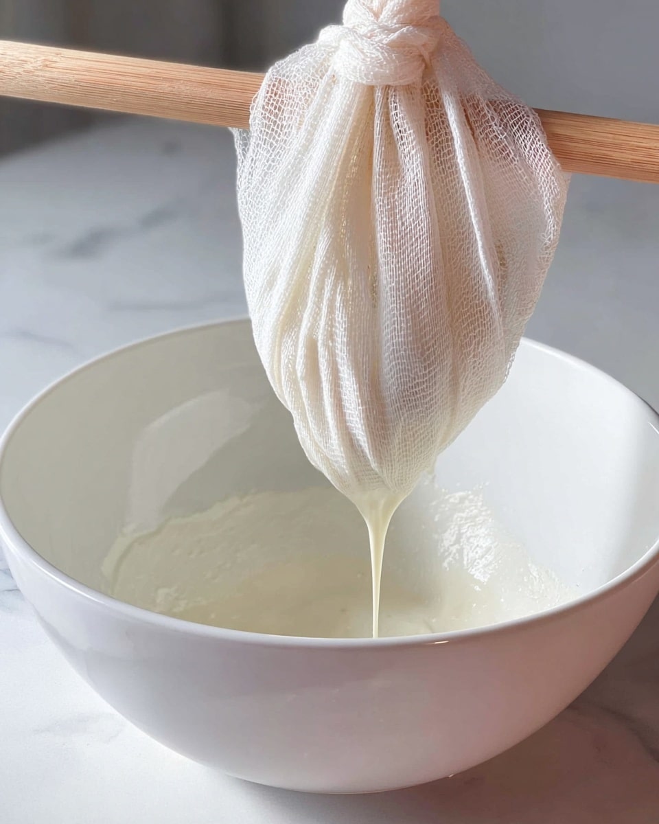 A white bowl with a smooth texture sits on a white marbled surface, inside it a white cheesecloth is tied in a knot and hanging from a wooden stick above, holding a soft, creamy white substance that is slightly dripping into the bowl. The cheesecloth has a fine mesh pattern and is slightly translucent, showing the texture of the creamy contents inside. Bright natural light highlights the scene, creating soft shadows on the bowl and the white marbled surface. photo taken with an iphone --ar 4:5 --v 7