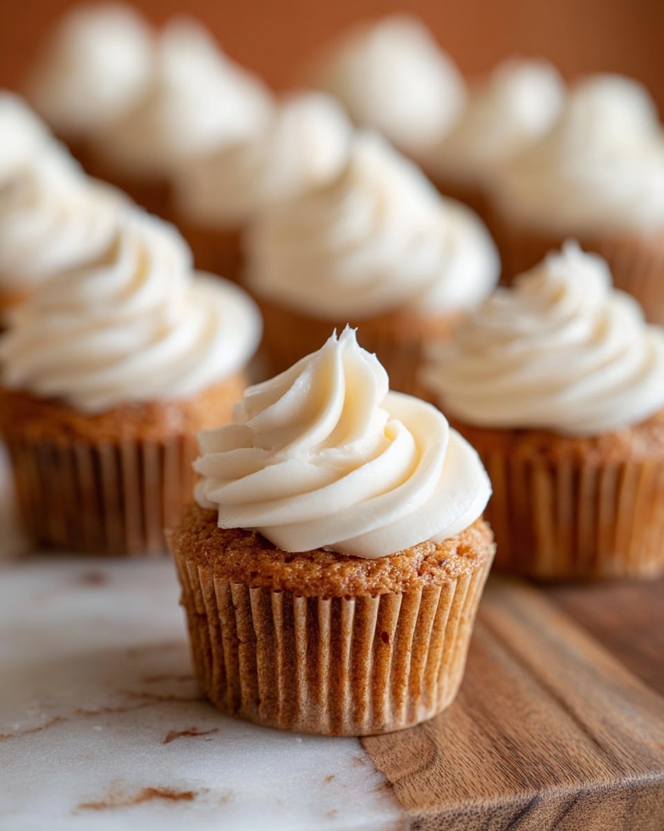 The image shows a close-up of several small cupcakes arranged in rows on a wooden surface replaced with a white marbled texture. Each cupcake has one layer of light brown cake in a ridged paper liner and a single layer of smooth, creamy white frosting swirled on top with visible gentle ridges and a peak at the center. The focus is on the closest cupcake in the front center, with the other cupcakes softly blurred in the background. photo taken with an iphone --ar 4:5 --v 7