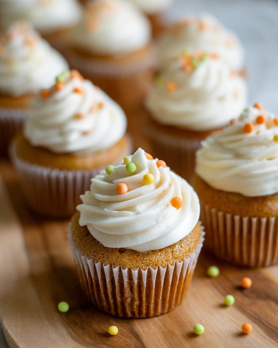 Several small cupcakes are shown closely together on a wooden surface. Each cupcake has one layer of light brown cake at the bottom with a soft texture, topped with one thick layer of smooth, creamy white frosting swirled to a rounded peak. Some of the frosting is decorated with small, round sprinkles in soft orange, yellow, and pale green colors scattered on top and around the cupcakes. The background and surface are a white marbled texture. Photo taken with an iphone --ar 4:5 --v 7