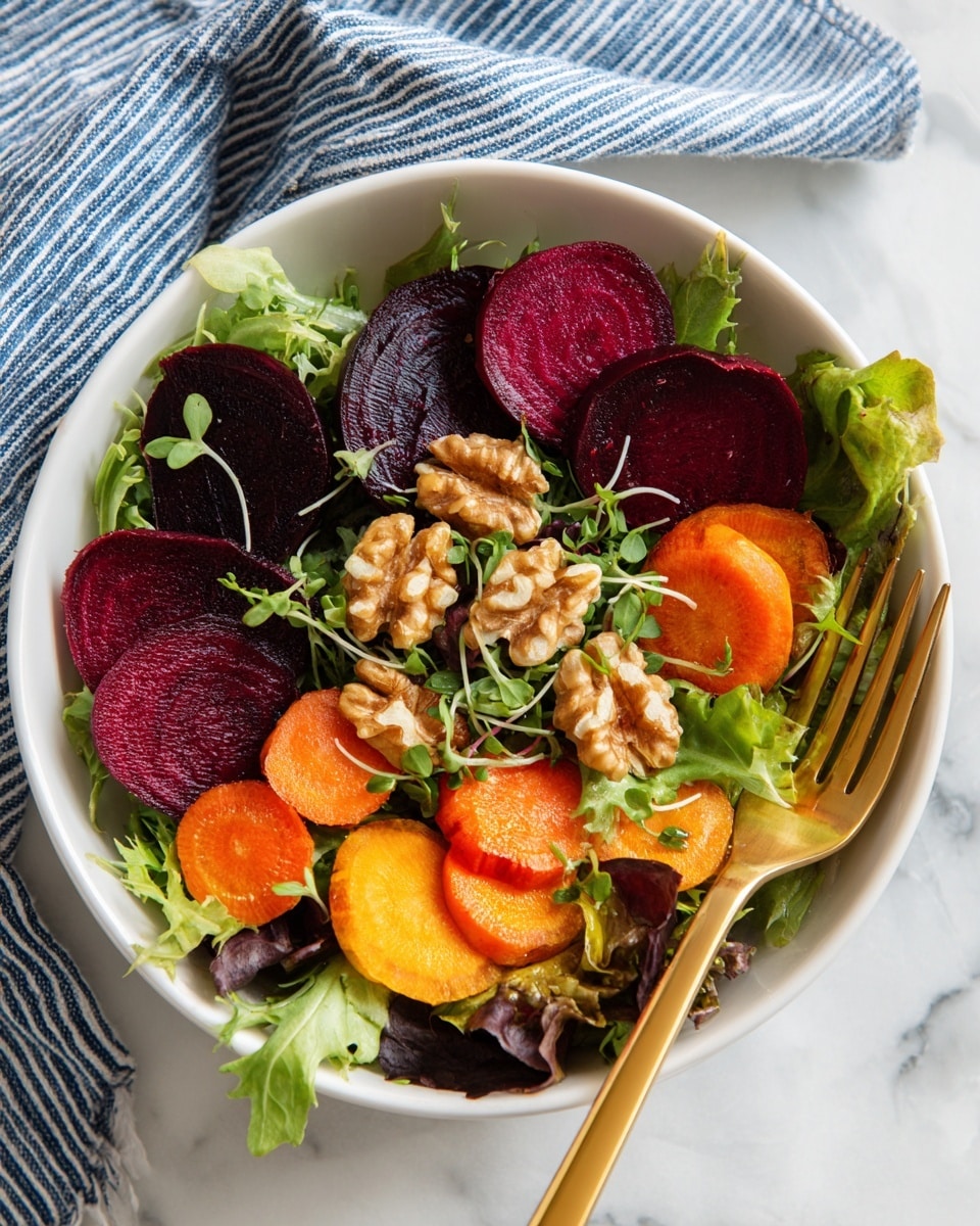 A white bowl is filled with a fresh salad starting with a base of green leafy lettuce. On top, there are two layers of round, thinly sliced vegetables: dark purple beetroot and bright orange carrots, arranged evenly around the bowl. Scattered over these slices are small green herb pieces and microgreens, adding a pop of lighter green and texture. Pieces of walnuts are placed on top for a crunchy look. A gold fork rests on the right side inside the bowl. The bowl is on a white marbled surface with a blue-striped cloth partially visible in the top left corner. Photo taken with an iphone --ar 4:5 --v 7