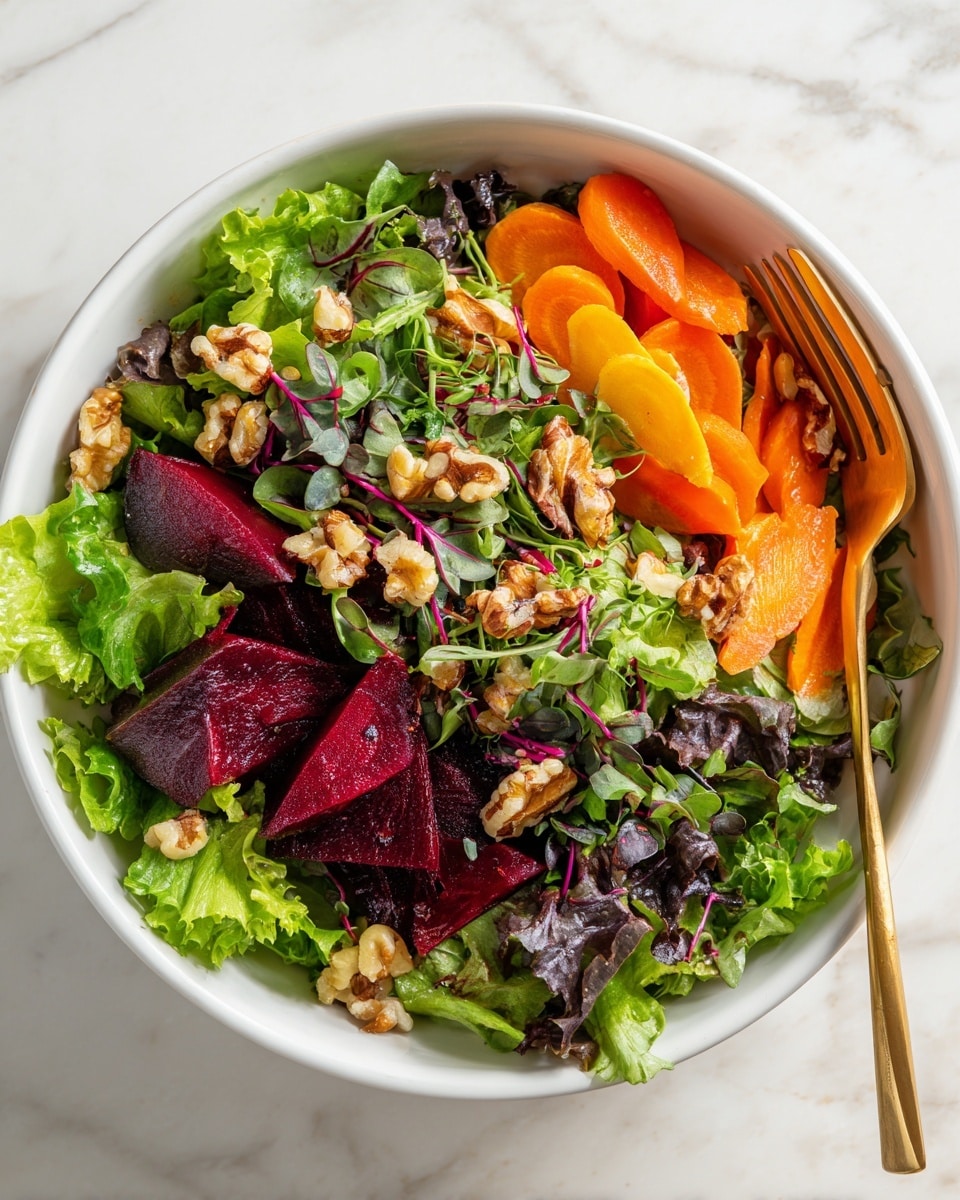 A white bowl filled with a fresh salad, layered with green leafy lettuce at the bottom. On top, there are deep purple beet slices and bright orange carrot slices spread evenly across the surface. Small pieces of walnuts are scattered over the salad, adding a textured crunch. Tiny green and purple microgreens are sprinkled throughout, and finely chopped fresh herbs are visible on every layer. A gold fork rests near the edge of the bowl on a white marbled surface. Photo taken with an iphone --ar 4:5 --v 7