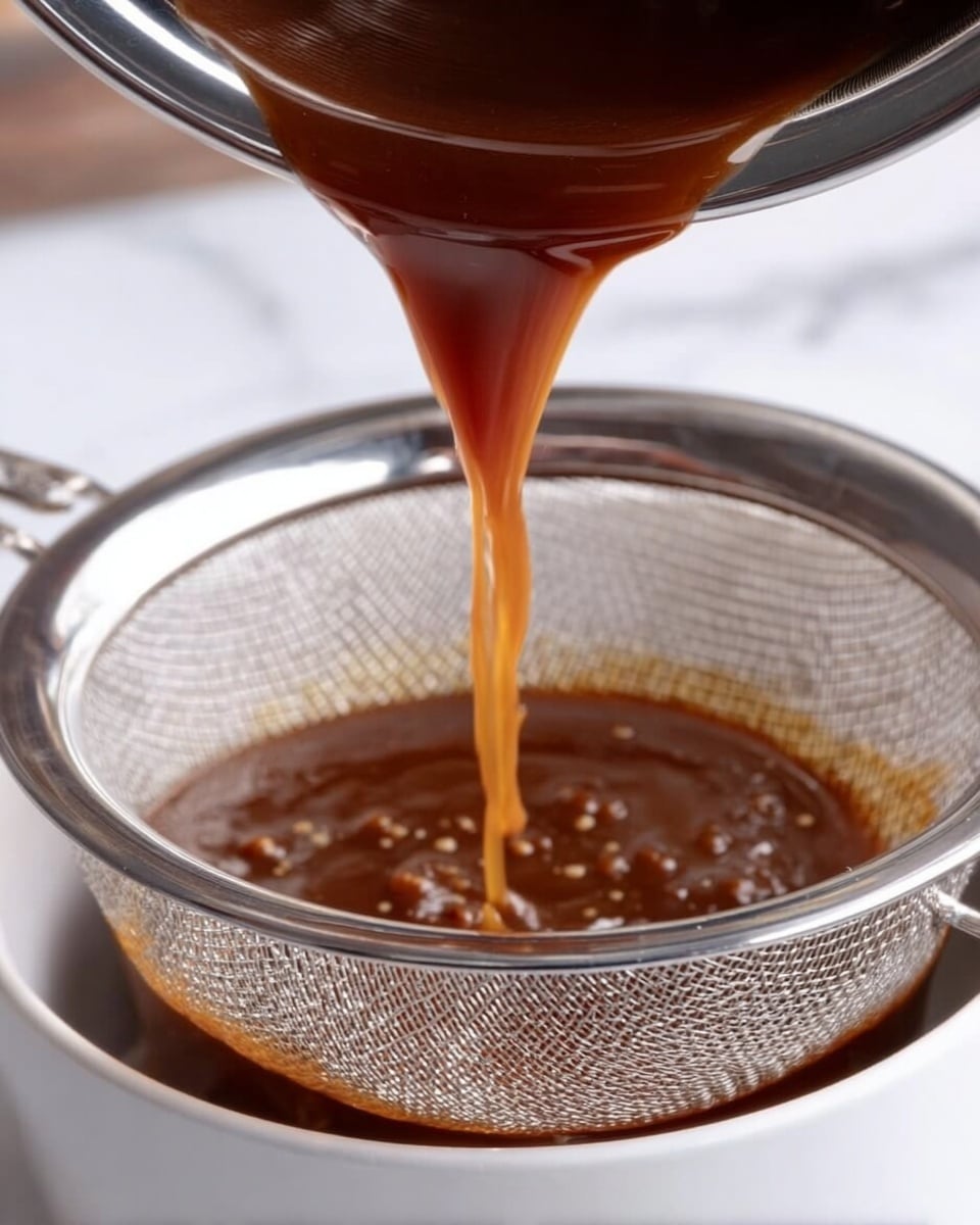 The image shows a close-up of a deep silver metal strainer held over a white bowl. A thick, shiny, dark brown sauce with small bits inside is being poured slowly through the mesh strainer from above, creating a smooth stream. The background includes a white marbled surface that softly contrasts with the sauce's rich color. photo taken with an iphone --ar 4:5 --v 7