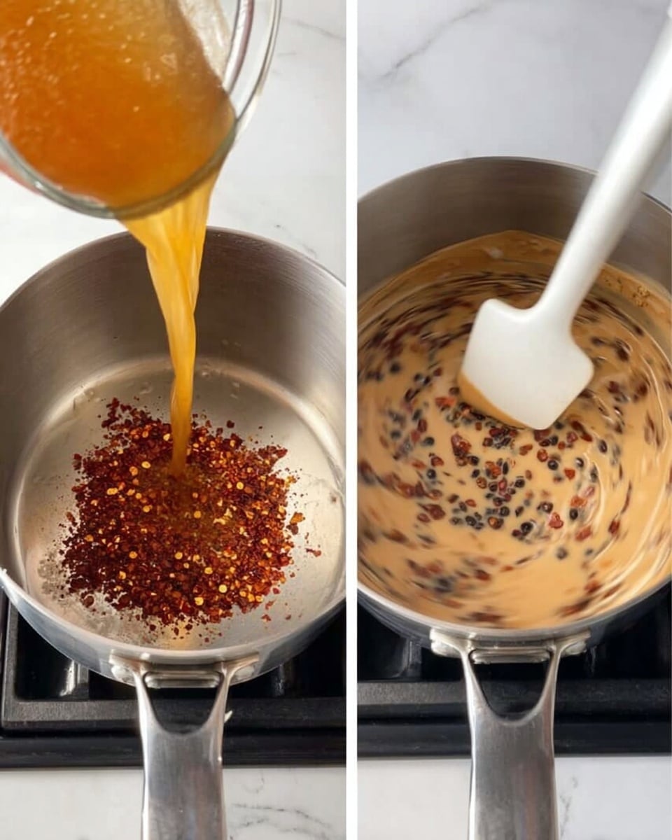 A shiny silver pot sits on a gas stove with a white marbled surface underneath. In the left image, a thick golden liquid is being poured into the pot, landing on a pile of red chili flakes at the bottom, creating a mix of bright red and golden colors. The right image shows the pot with a creamy, light brown sauce with dark red and black chili flakes mixed in, being stirred by a white spatula, swirling the sauce and creating a smooth texture. Photo taken with an iphone --ar 4:5 --v 7