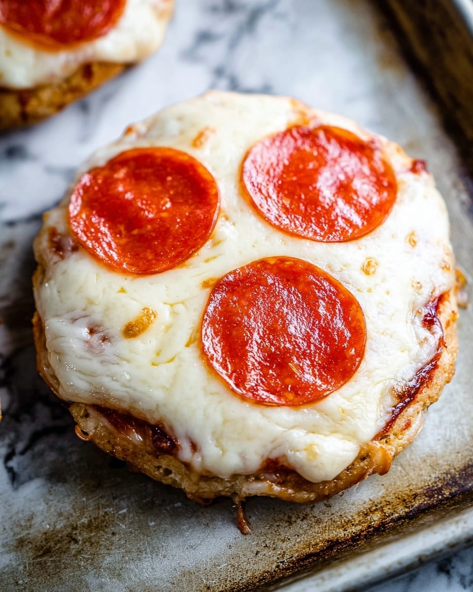 The image shows a close-up of a single small pizza with three bright red pepperoni slices arranged on top. The pizza has a thick golden crust at the bottom, covered by a thick layer of melted white cheese with a smooth, creamy texture that spreads slightly beyond the edges of the crust. The pizza rests on a metal baking sheet with a worn, textured surface. The background is a white marbled texture. photo taken with an iphone --ar 4:5 --v 7