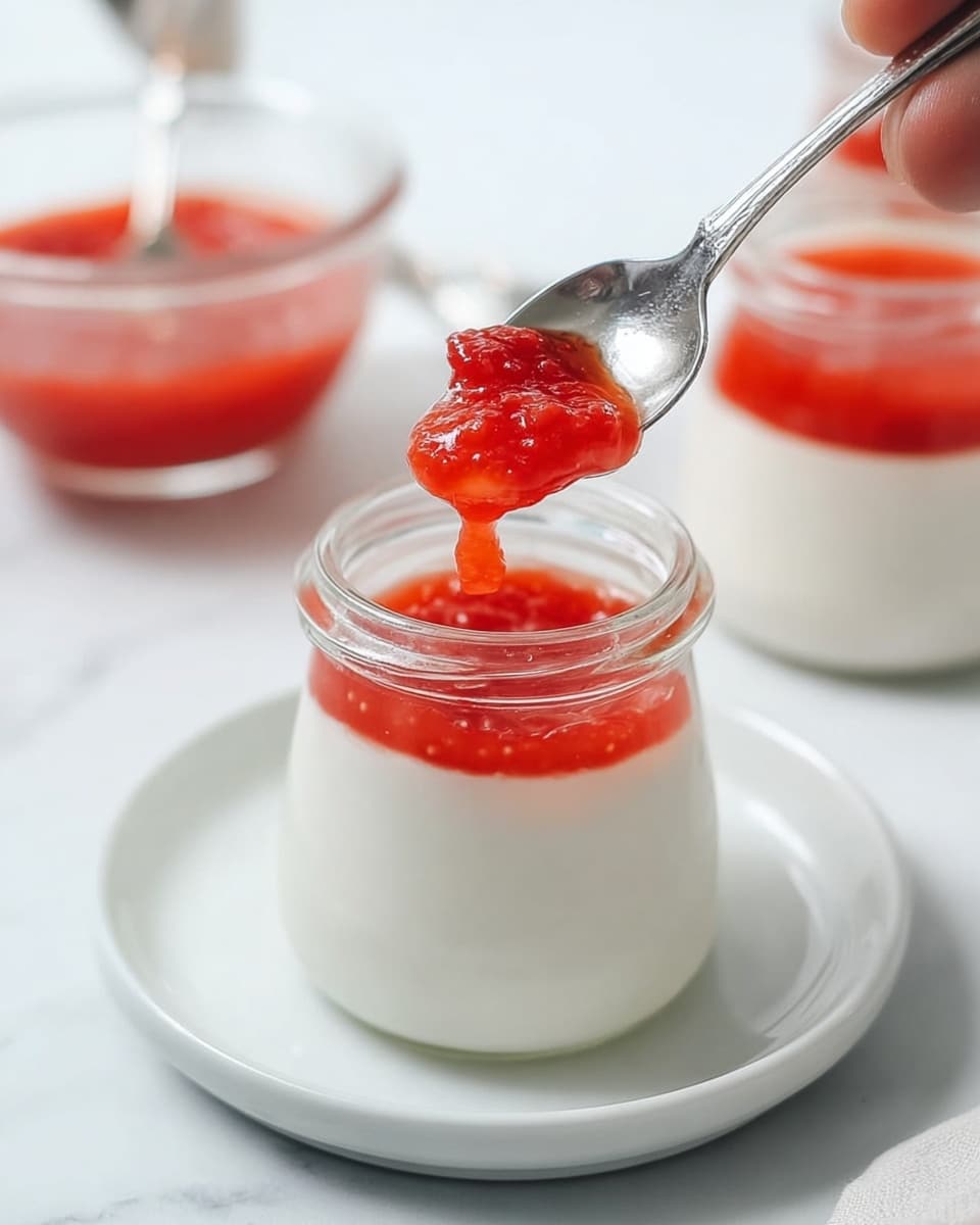A small clear jar filled with a smooth, white creamy layer is placed on a white plate on a white marbled surface. A woman's hand is holding a spoon above the jar, dripping a bright red, slightly chunky sauce onto the creamy layer. In the background, there are similar jars filled with the white cream, and a glass bowl filled with the same red sauce. The image is bright with soft natural lighting, showing clean colors and simple textures. photo taken with an iphone --ar 4:5 --v 7