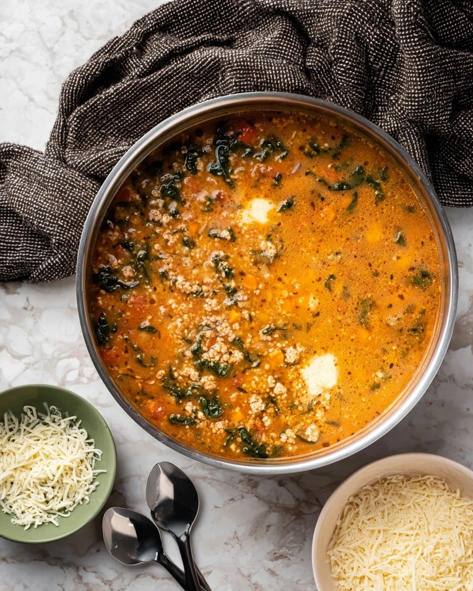 A large silver pot filled with a chunky soup showing three main layers: a thick orange broth speckled with small green spinach leaves scattered throughout, mixed with pieces of light beige ground meat or tofu and bits of cooked vegetables like orange carrots and pale celery; on one side, a creamy white melted cheese layer gently blending into the soup; and a small round white bowl at the bottom right containing more soup topped with shredded white cheese. Next to the pot are two shiny metal spoons with black handles resting on a white marbled surface, and a small green dish filled with finely shredded white cheese sits above the pot. A textured dark gray fabric is draped in the upper left corner. photo taken with an iphone --ar 4:5 --v 7