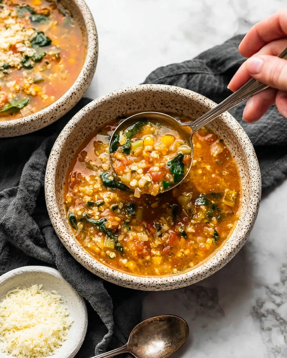 The image shows two speckled bowls filled with a thick, chunky soup that has orange, yellow, green, and white bits of vegetables and grains. The soup has a rich broth with visible pieces of spinach leaves and small chunks of other vegetables. A large metal ladle is pouring the soup into the front bowl, held by a woman's hand, with a dark gray cloth in the background on a white marbled surface. In the bottom corner, there is a small white bowl filled with finely grated cheese and a silver spoon lying beside it. photo taken with an iphone --ar 4:5 --v 7
