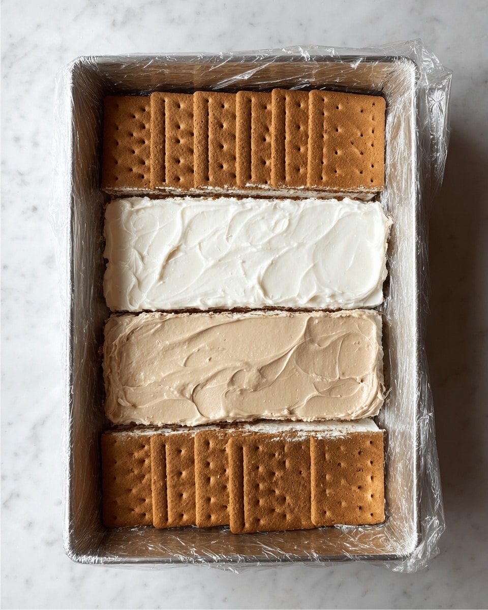 A metal loaf pan lined with clear plastic wrap shows a layered dessert in progress on a white marbled surface. The first layer is whole rectangular brown graham crackers arranged neatly to cover the base. The second layer is a smooth, creamy white spread evenly covering the crackers. The third layer repeats the graham cracker rectangles, slightly offset, forming a tidy second coat. The fourth layer is a thick, light brown creamy spread spreading softly over the second cracker layer, filling the pan almost to the top. The pan is seen from above in all images, showcasing clear texture and color difference between layers. Photo taken with an iphone --ar 4:5 --v 7