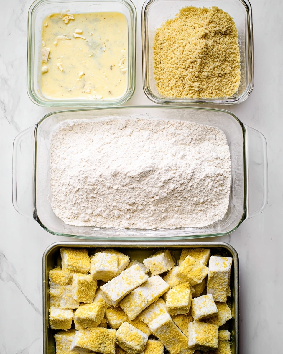 The image shows a preparation scene with four containers arranged on a white marbled surface. At the bottom, there is a metal tray filled with many uneven yellow and white tofu pieces coated in a wet batter. Above this tray, a large clear glass dish holds a thick white powdery layer of flour spread evenly. To the top left, a square clear glass dish contains a creamy yellowish liquid with small lumps. To the top right, a square clear glass dish has a coarse golden breadcrumb mixture. The overall setup looks like ingredients ready for breading tofu pieces photo taken with an iphone --ar 4:5 --v 7