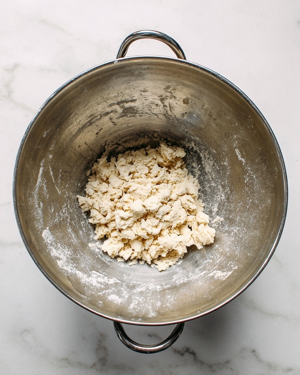 A metal bowl with two handles is placed on a white marbled surface. Inside the bowl, there is a small pile of crumbly dough pieces, light beige in color, scattered loosely at the bottom. The texture of the dough looks rough and chunky, with some flour dusting lightly stuck on the sides of the bowl. The bowl's inside surface shows faint marks from mixing. Photo taken with an iphone --ar 4:5 --v 7