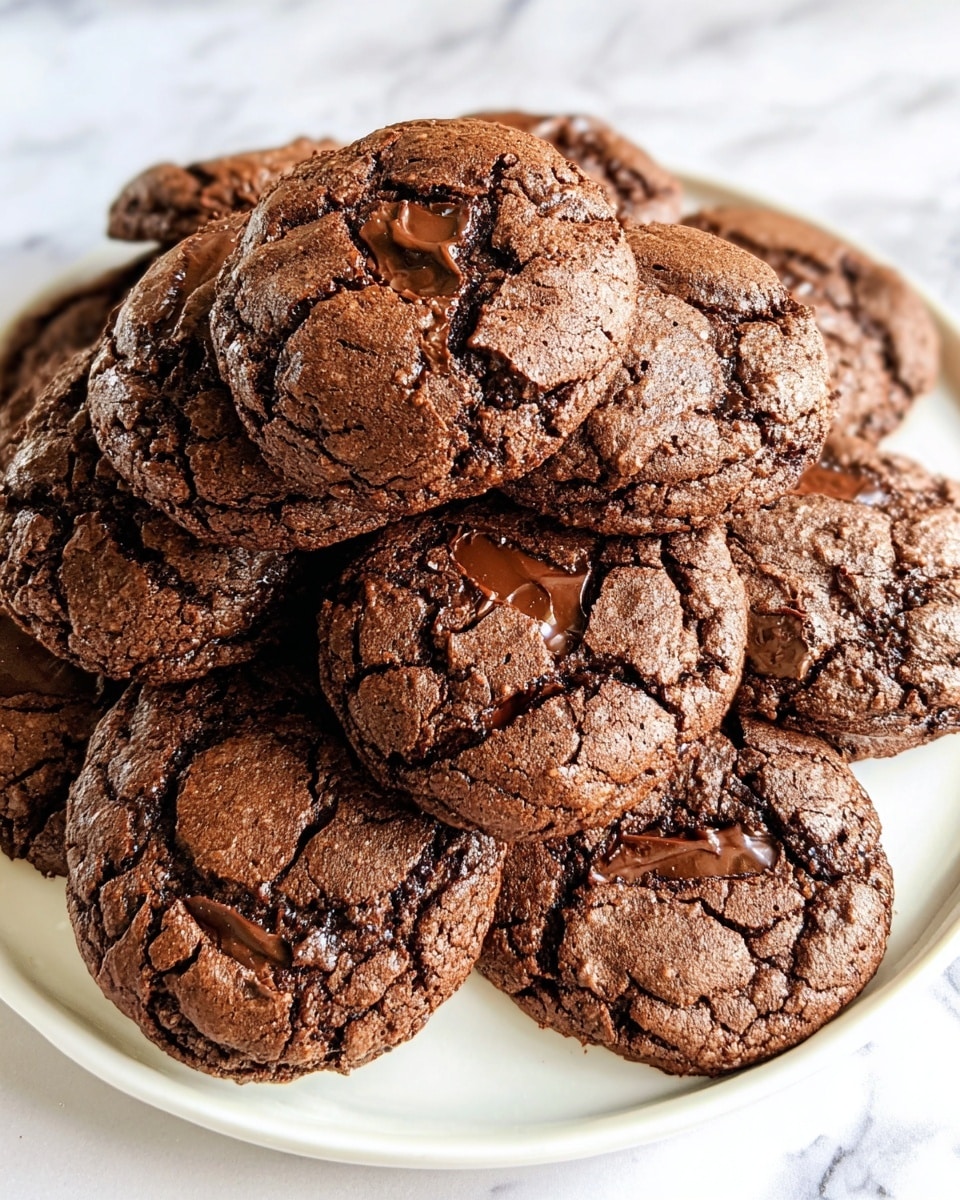 A pile of dark brown chocolate cookies is shown closely stacked on a white plate with a white marbled surface beneath it. Each cookie has a rough texture with cracks on the top and shiny melted chunks of chocolate embedded throughout. The cookies are dense and soft-looking, slightly overlapping each other, filling the plate evenly. Photo taken with an iphone --ar 4:5 --v 7