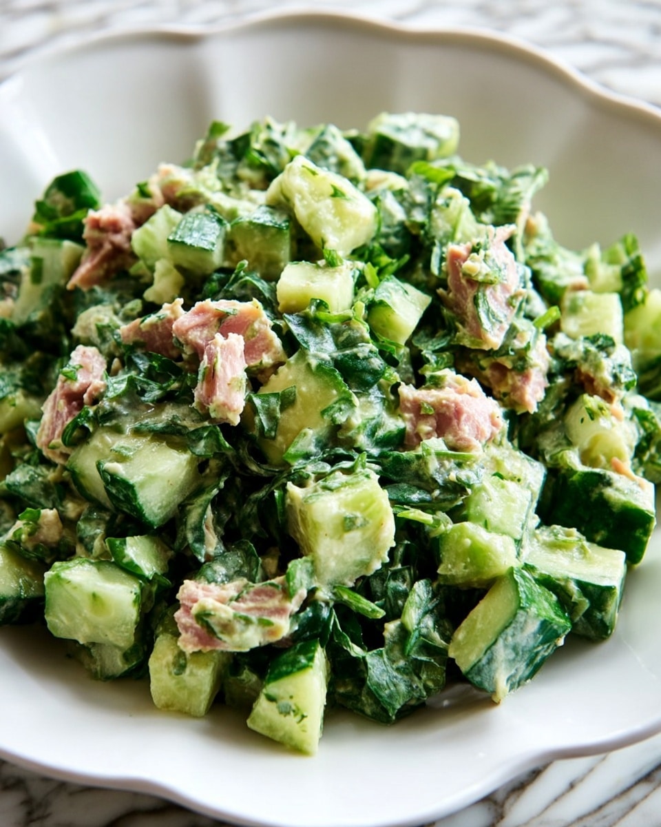 A close-up view of a fresh mixed salad served in a white bowl with a scalloped edge, placed on a white marbled surface. The salad has roughly three visual layers: the base is made of small chopped chunks of cucumber that are light green with a crisp texture, mixed evenly with dark green leafy pieces that look like spinach or kale adding a soft, leafy texture. Scattered throughout are bits of light pink tuna chunks, giving a slightly rougher texture and color contrast to the greens. The ingredients appear coated with a creamy, light dressing that slightly glistens, holding the components together in a loose, rustic mix. The overall color palette is green with hints of pale pink and creamy white. photo taken with an iphone --ar 4:5 --v 7