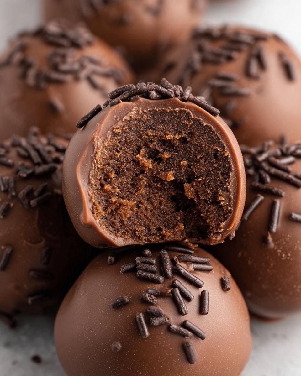 A close-up shot of several round chocolate truffles with smooth, shiny milk chocolate coatings. Each truffle is topped with small, thin, dark chocolate sprinkles arranged randomly. One truffle in the front is bitten into, revealing a dense, rich, textured chocolate filling inside that looks moist and slightly crumbly. The truffles rest on a soft, out-of-focus white marbled surface that adds brightness to the image. The photo was taken with an iphone --ar 4:5 --v 7