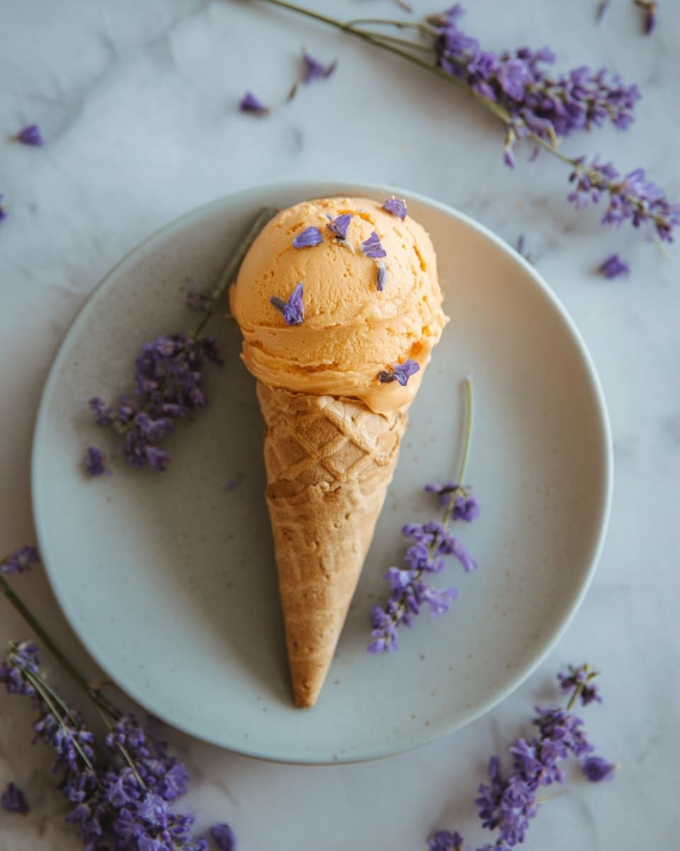 A single waffle cone filled with smooth, orange-colored ice cream topped with small purple flower petals. The cone is placed flat on a white plate with a soft matte finish. Around the cone, several sprigs of small purple flowers lie scattered, adding delicate decorative detail. The whole scene is set on a white marbled texture background, creating a simple and clean look. Photo taken with an iphone --ar 4:5 --v 7